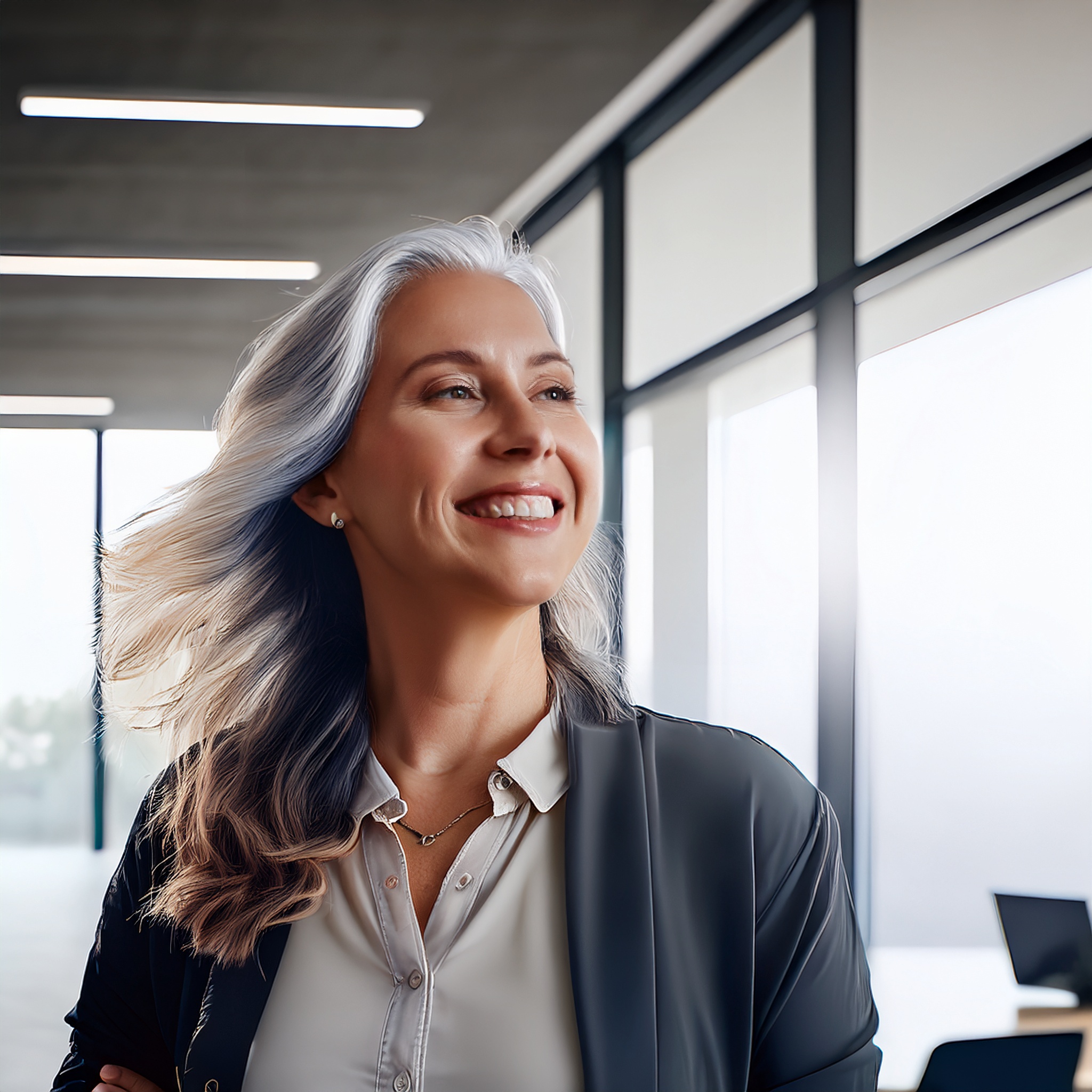 Sympathische Frau, lächelnd, im Büro